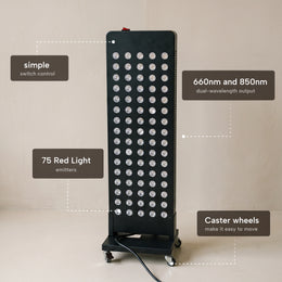 Standalone red light panel on caster wheels for the 3-Person Red Light + Full Spectrum Hemlock Sauna