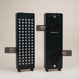 Red light panel of the 3-Person Red Light + Full Spectrum Hemlock Sauna, front and back with dimensions