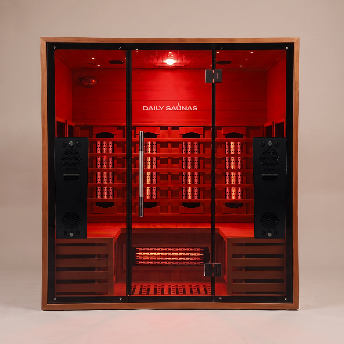 4-Person Red Light + Full Spectrum Cedar Sauna, front view with red light on