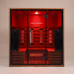 4-Person Red Light + Full Spectrum Cedar Sauna, front view with red light on