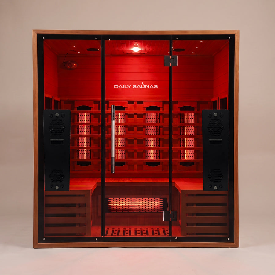 4-Person Red Light + Full Spectrum Cedar Sauna, front view with red light on