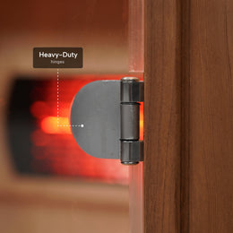 Heavy-duty door hinge of the 4-Person Red Light + Full Spectrum Cedar Sauna