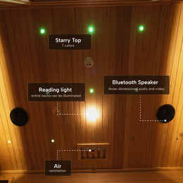 Ceiling with starry light, reading light and speaker in the 4-Person Red Light + Full Spectrum Cedar Sauna