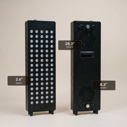 Red light panel of the 4-Person Red Light + Full Spectrum Cedar Sauna, front and back with dimensions