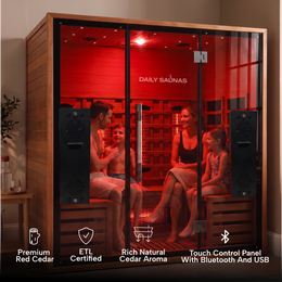 Four people inside the 4-Person Red Light + Full Spectrum Cedar Sauna, feature icons