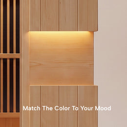 Ambient light on the hemlock wall of the 2-Person Infrared Hemlock Sauna