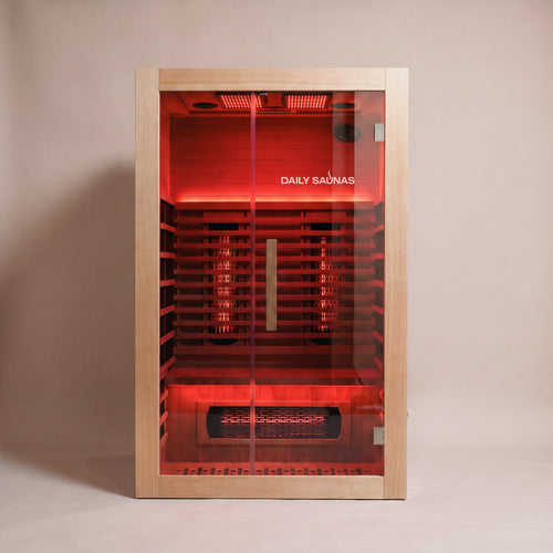 2-Person Red Light + Full Spectrum Hemlock Sauna, front view with red light on