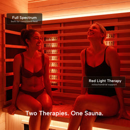 Two women under red light and full spectrum heat in the 2-Person Red Light + Full Spectrum Hemlock Sauna