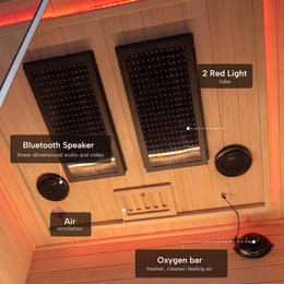 Red light panels and Bluetooth speaker in the 2-Person Red Light + Full Spectrum Hemlock Sauna