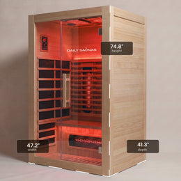 2-Person Red Light + Full Spectrum Hemlock Sauna with dimensions