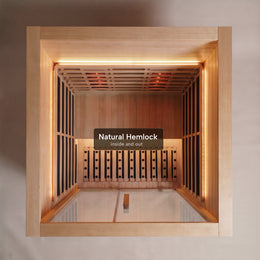 Hemlock interior and bench of the 2-Person Red Light + Full Spectrum Hemlock Sauna