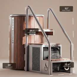 1-Person Cedar Ice Bath with Chiller: tub, steps and chiller with dimensions
