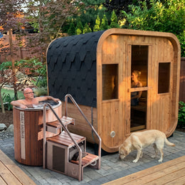 1-Person Cedar Ice Bath with Chiller on a deck next to an outdoor sauna
