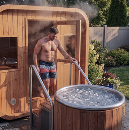 Man stepping from the sauna to the cold plunge, Outdoor Contrast Therapy Bundle