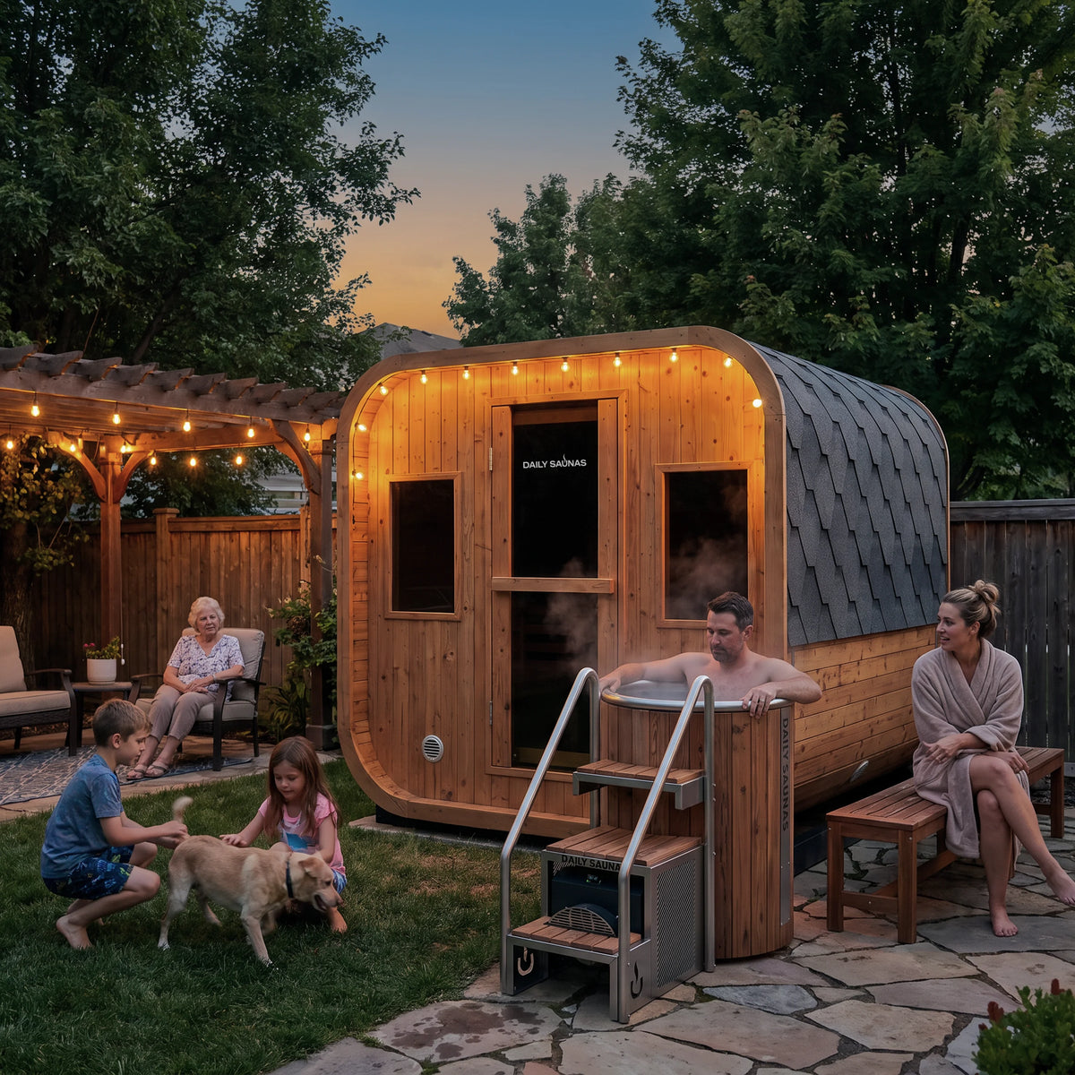 Sauna and cold plunge in a backyard