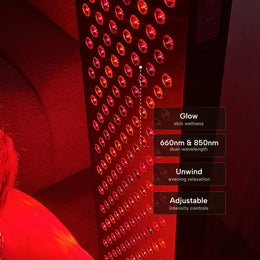 Close-up of a red light therapy panel inside the sauna