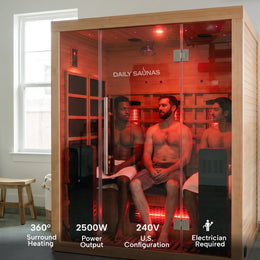 Three people inside the 3-Person Red Light + Full Spectrum Hemlock Sauna with key specs