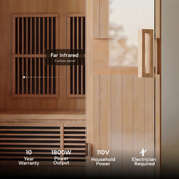 Interior of the 2-Person Infrared Hemlock Sauna with key specs
