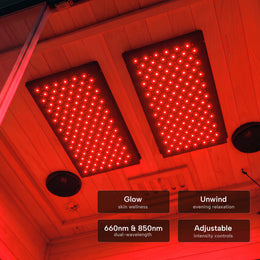 Two red light panels inside a 2-person red light and full spectrum sauna