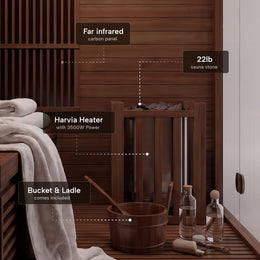Harvia stone heater with bucket and ladle in the 2-Person Combination Cedar Sauna