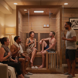 Group of friends around the 2-Person Combination Cedar Sauna