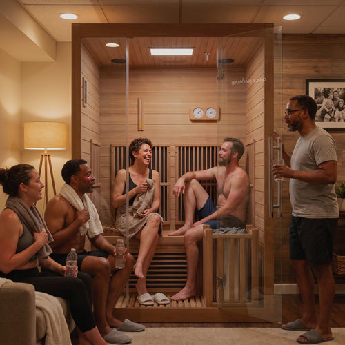 Group of friends around the 2-Person Combination Cedar Sauna