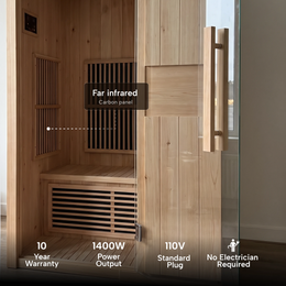 Open 1-Person Infrared Hemlock Sauna with carbon panels, 1400W, 110V standard plug