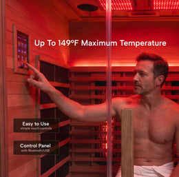 Man using the control panel inside the 2-Person Red Light + Full Spectrum Cedar Sauna